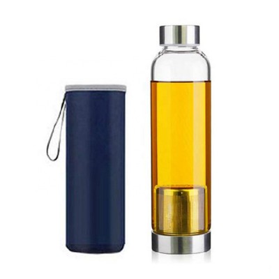 Unbreakable safe carrying travel glass mug, recycle glass fruit infuser pot, flip lid insulated glass water bottle with stopper